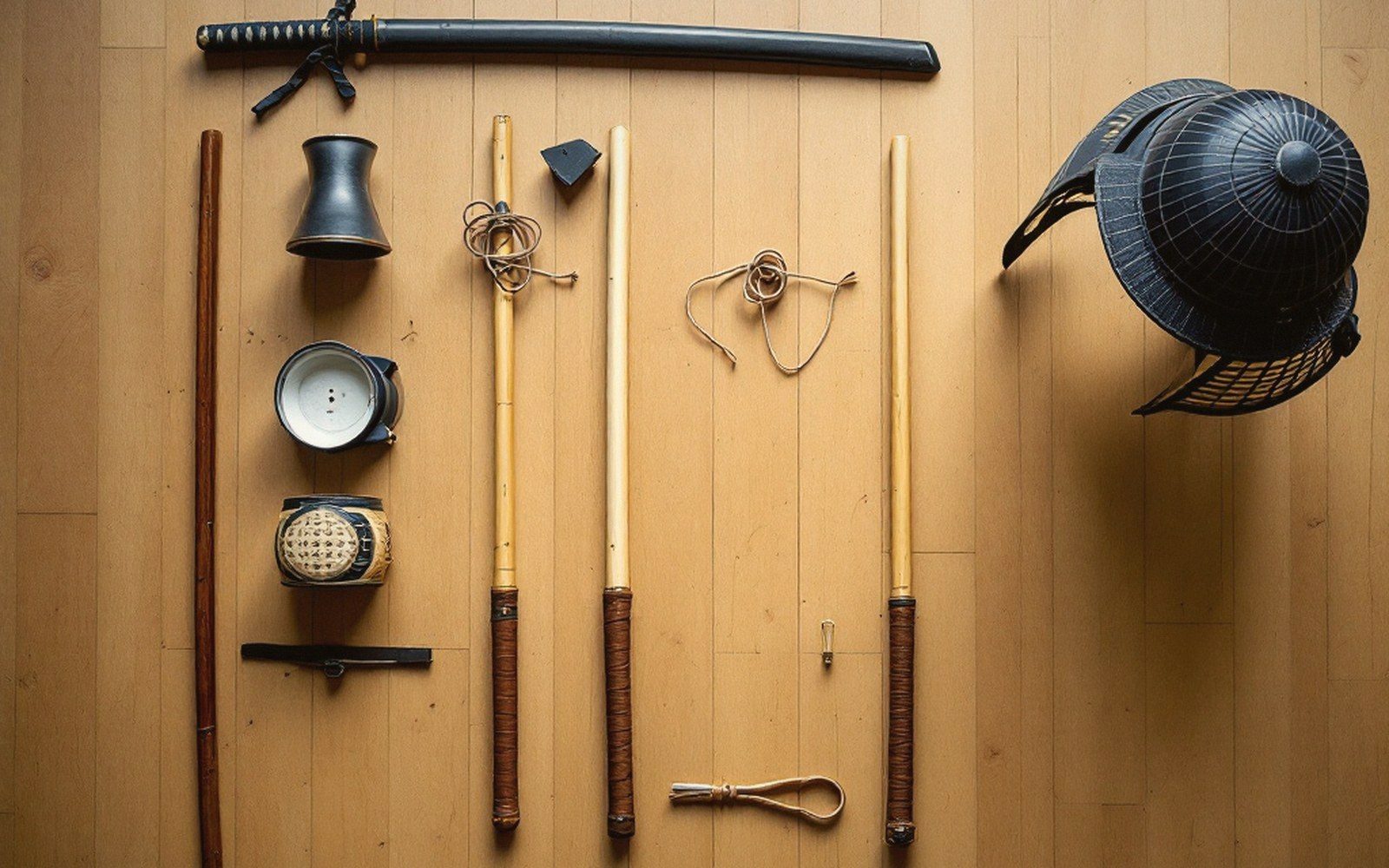 Four split bamboo staves laid apart with cap and string